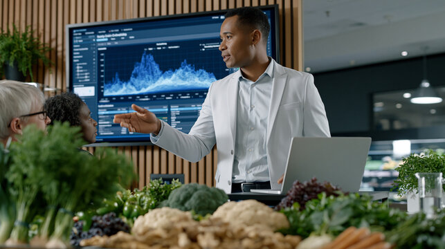 Organic certification tracking data specialist presenting blockchain traceability pilot to grocery retail procurement team inside supermarket headquarters boardroom, supply chain audit trail dashboa