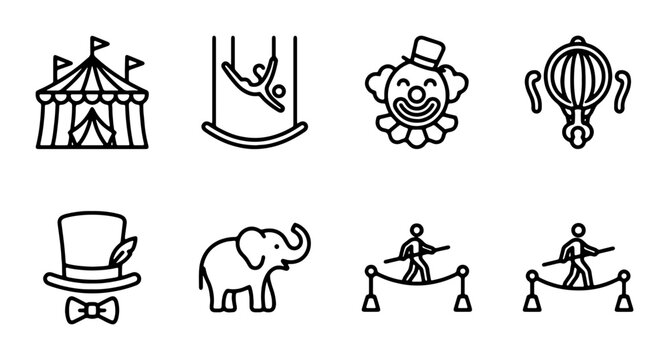 Circus Icons Set: Tent, Clown, Elephant, Trapeze, Tightrope Walker, Top Hat, Ringmaster