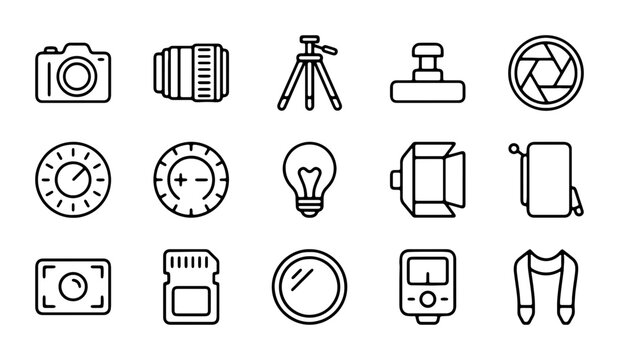 Photography Equipment Icons Set, Camera Gear Vector Graphics, Digital Imaging Tools Collection