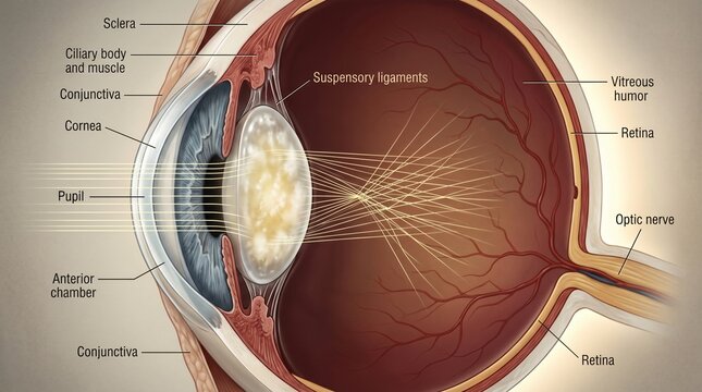Detailed cross section illustration of the human eye showing internal structures and optic nerve