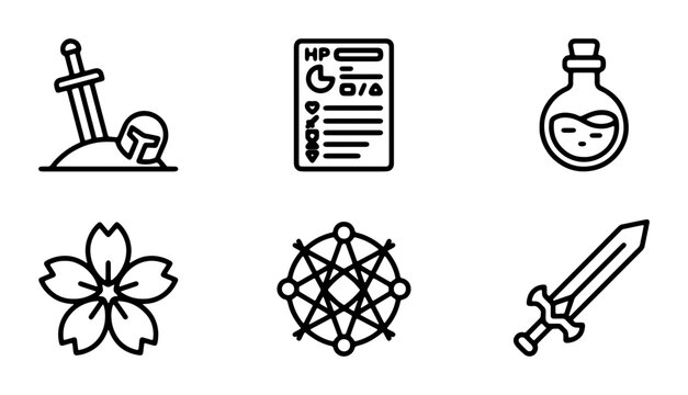 Fantasy Game Icons: Sword, Potion, Stats, Flower, Network, 6 Vector Elements for Digital Art
