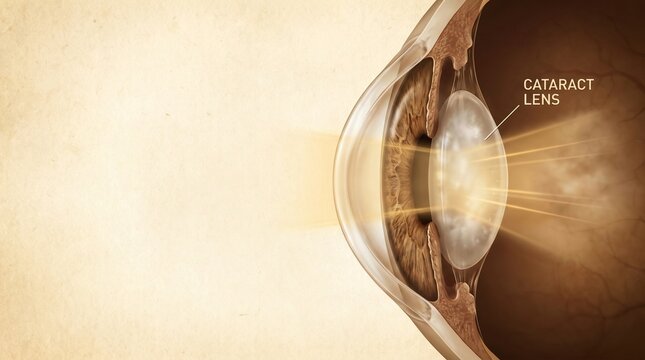 Detailed cross section of a human eye showing a cataractous lens with light rays