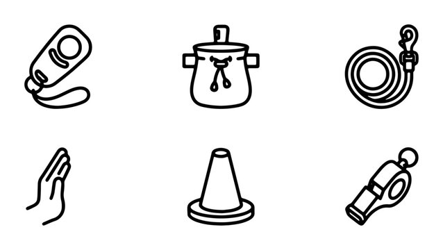 Dog Training Icons Set, Pet Care Equipment Vector Graphics, Animal Behavior Tools Collection