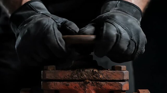 Hands in black leather work gloves turning a rusty industrial valve wheel. Close-up of manual labor operation on old machinery. Resource control concept for engineering and energy sector marketing.
