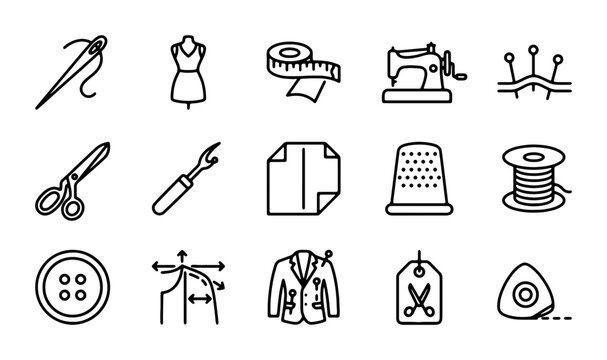 Sewing Icons Set: Tailoring Tools, Fashion Design, Crafting Supplies, Garment Making Vector Graphics