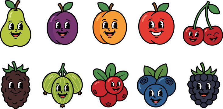 Cartoon smiling fruit icons with faces on white background
