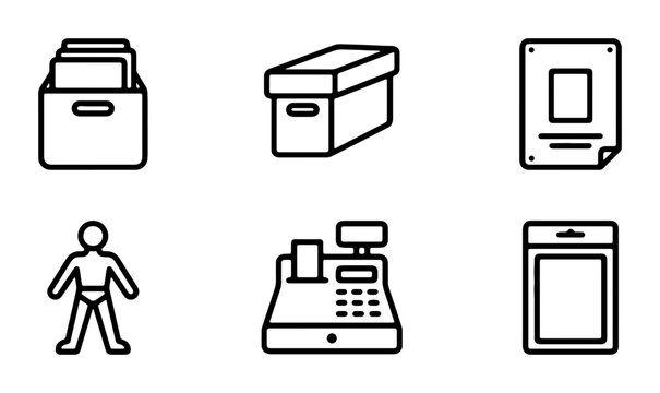 Retro Office Supplies Icons, Vintage Storage Box, Cash Register, Document Holder, Mannequin, Packaging Vector Set