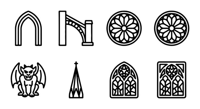 Gothic Architecture Elements, Gargoyle, Rose Window, Arch, Spire Icons Set