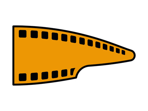 Graphic illustration of an orange film strip icon with black squares on a white background in a cinematic style.