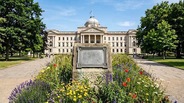 Neoclassical Domed Building Behind Flower Garden and Plaque