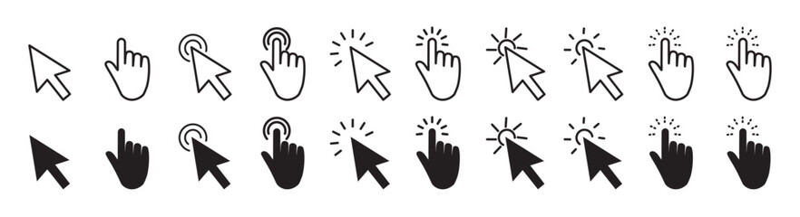 Obraz premium Computer mouse cursor icon set vector illustration, hand pointer, arrow clicks, loading animations for UI, UX and web 
