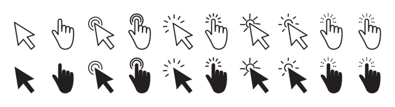 Computer mouse cursor icon set vector illustration, hand pointer,  arrow clicks, loading animations for UI, UX and web 