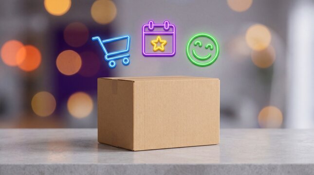 Cardboard box on a table with glowing neon icons of a shopping cart, a calendar with a star, and a smiley face