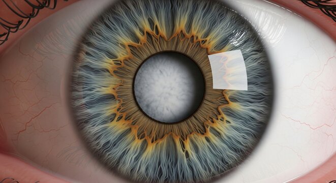 Extreme close up macro view of a human eye iris with intricate details blue and gold patterns and blood vessels
