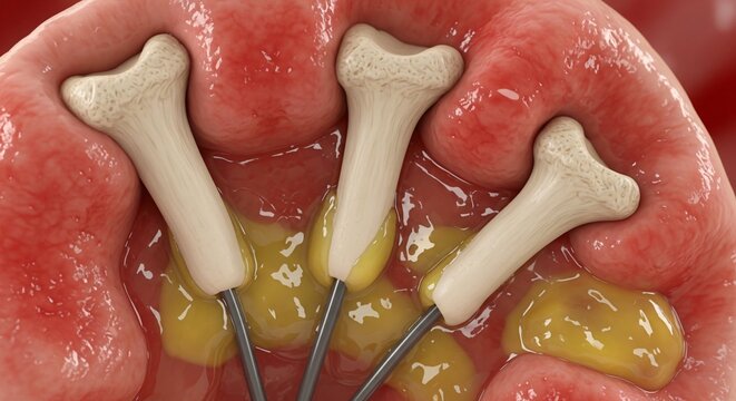 Close up view of inflamed gums with exposed bone structures and infection