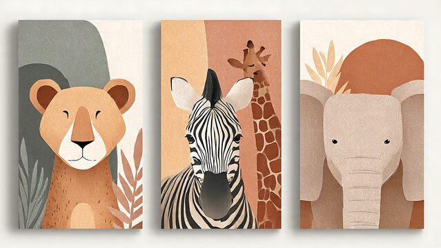 Boho Safari Animal Wall Art Set with Lion Zebra Giraffe Elephant