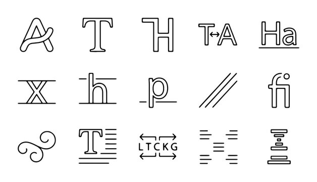 Typography Icons Set, Lettering Symbols, Font Design Elements, Typographic Glyphs, Vector Graphics