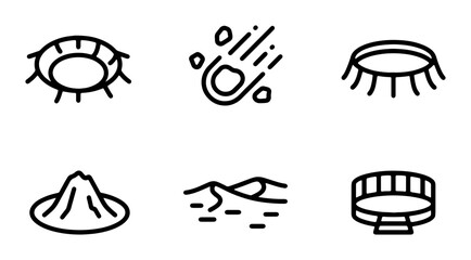 Space Impact Craters, Meteorite, Volcano, Desert Dunes, Stadium Icons Set © Sohan