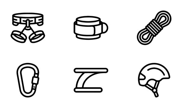 Climbing Gear Icons: Harness, Rope, Helmet, Carabiner, Belay Device, Mug Set