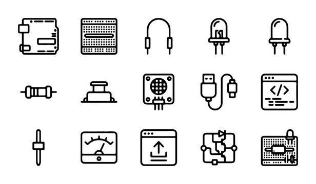 Electronics Icons Set: Microcontroller, Resistor, LED, Breadboard, USB, Code, Meter, Switch