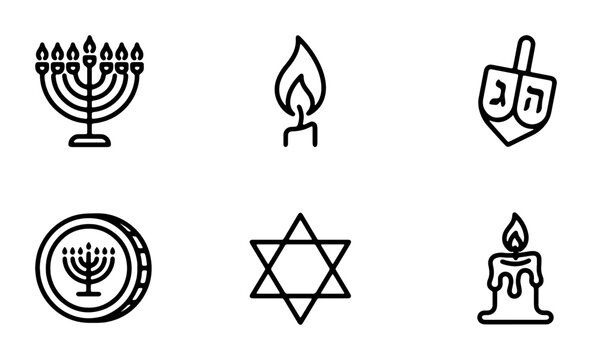 Hanukkah Icons Set, Menorah, Dreidel, Star of David, Candle, Gelt, Jewish Holiday Symbols, Vector Graphics