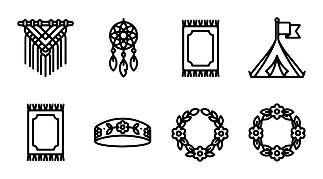 Boho Icons Set: Macrame, Dreamcatcher, Rugs, Tent, Crown, Wreaths, Vector Graphics
