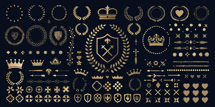 Collection of ornate gold emblems crowns shields and laurel wreaths on a dark background
