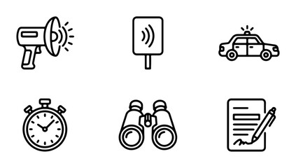 Vector Icons: Megaphone, Sign, Police Car, Stopwatch, Binoculars, Document, Business, Law Enforcement, Time © Rakibul