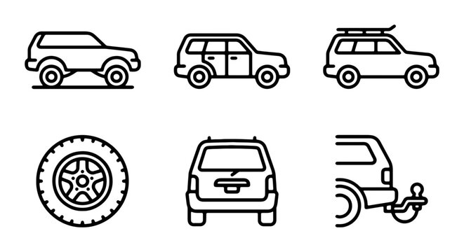 SUV Icons Set, Vehicle Vector Graphics, Automotive Design Elements, Off-road Transport Illustrations