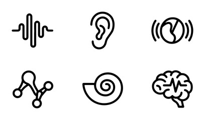 Sound Wave, Ear, Brain, Molecule Icons: Auditory Science, Hearing Health, Medical Concepts © Rakibul
