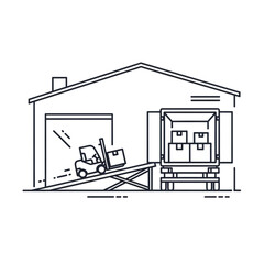 Obraz premium A forklift loads boxes into a warehouse from a truck on a ramp.
