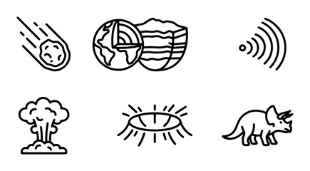 Earth Science Icons: Meteorite, Earth Layers, Seismic Waves, Mushroom Cloud, Crater, Dinosaur © Rakibul