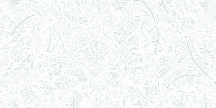 seamless repeating pattern of delicate fern fronds in soft mint green on white background