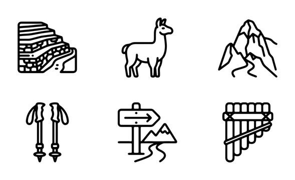 Peruvian Icons Set: Machu Picchu, Llama, Mountains, Trekking, Signpost, Pan Flute