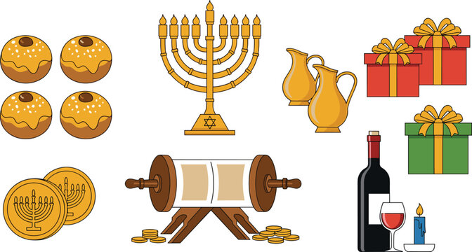 Collection of Hanukkah celebration elements with menorah gifts and traditional holiday symbols vector illustration set