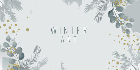 watercolor eucalyptus branches with golden dots and winter art text on white background © Nikhil