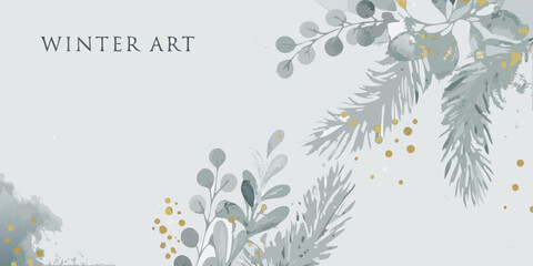 watercolor eucalyptus branches and pine needles with gold accents on a gray background © Nikhil