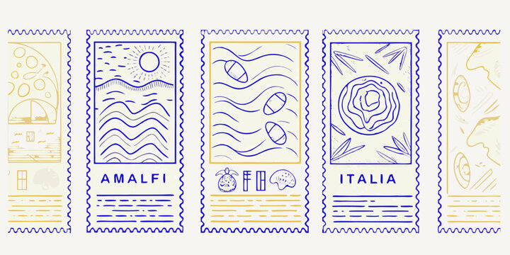 six vintage style stamps featuring italian motifs line art on a light background