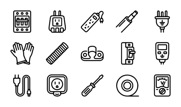 Electrical Icons Set: Power, Tools, Safety Equipment, and Devices for Industry and Home