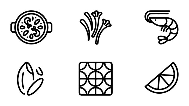 Spanish Paella Icons: Seafood, Rice, Lemon, Herbs, and Pattern Elements
