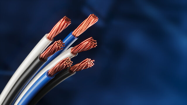 Copper cable wires with insulation on blue background - 3d illustration