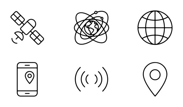 Global Navigation Satellite System Icons, GPS Location Pins, Earth Globe, Smartphone Map, Wireless Signal, Satellite Technology