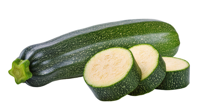 Whole green zucchini with three slices showing pale flesh and seeds