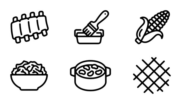 Barbecue Icons Set: Ribs, Corn, Beans, Grill, Brush, Coleslaw Vector Graphics
