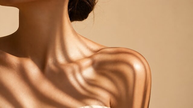Closeup of a womans neck and shoulder with beautiful sundrenched shadows and glowing skin