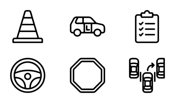 Driving School Icons: Traffic Cone, L-Plate Car, Checklist, Steering Wheel, Stop Sign, Parking