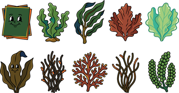 Collection of various cartoon seaweed and coral illustrations in different colors and shapes