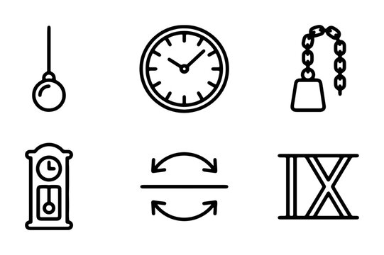 Time Icons: Pendulum Clock, Grandfather Clock, Roman Numeral IX, Time Flow Vector Set