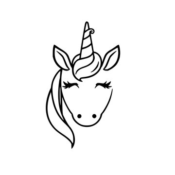 Black outline of a simple unicorn face with a swirled horn, two ears, and stylized eyelashes, set against a plain white background. set with simple line art design featuring sketches, drawings, vec...