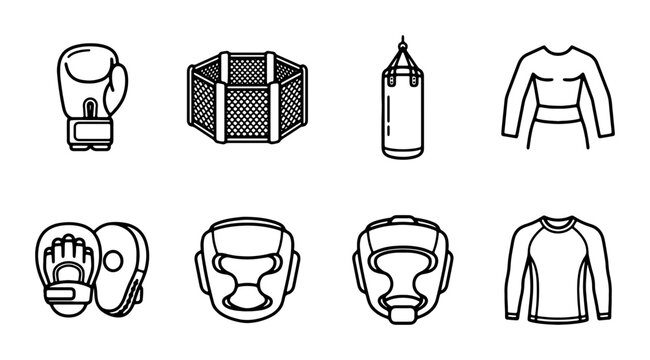 Combat Sports Icons: Boxing Gloves, MMA Cage, Punching Bag, Gear Set